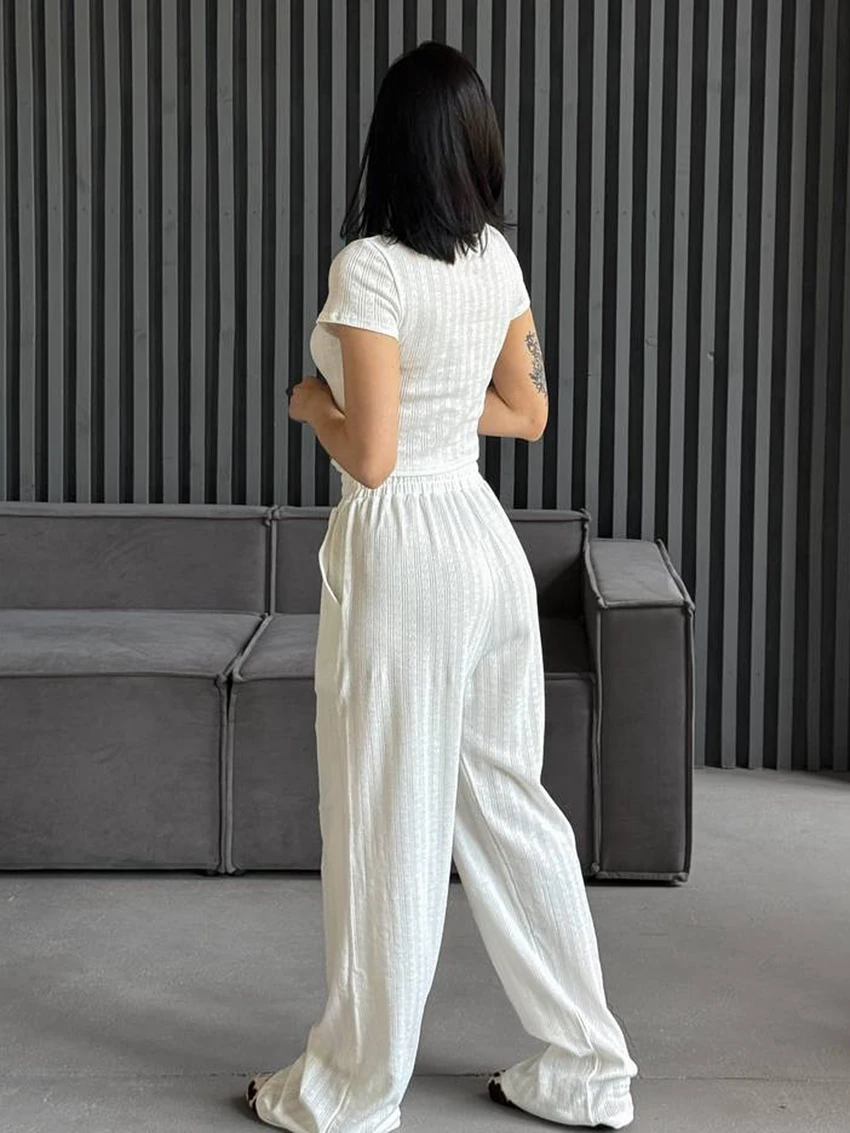 Marthaqiqi Knitted Female Pajamas Suit O-Neck Nightie Crop Top Sleepwear Short Sleeve Nightgown Pants Casual Women Nightwear Set