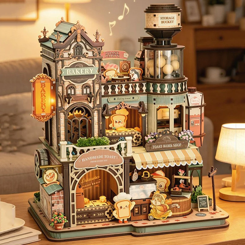 DIY Wooden Bakery Shop Can Move Cottage Figurines Miniatures Kits Mini Casa for Friends Birthday Gifts Home Decor Crafts