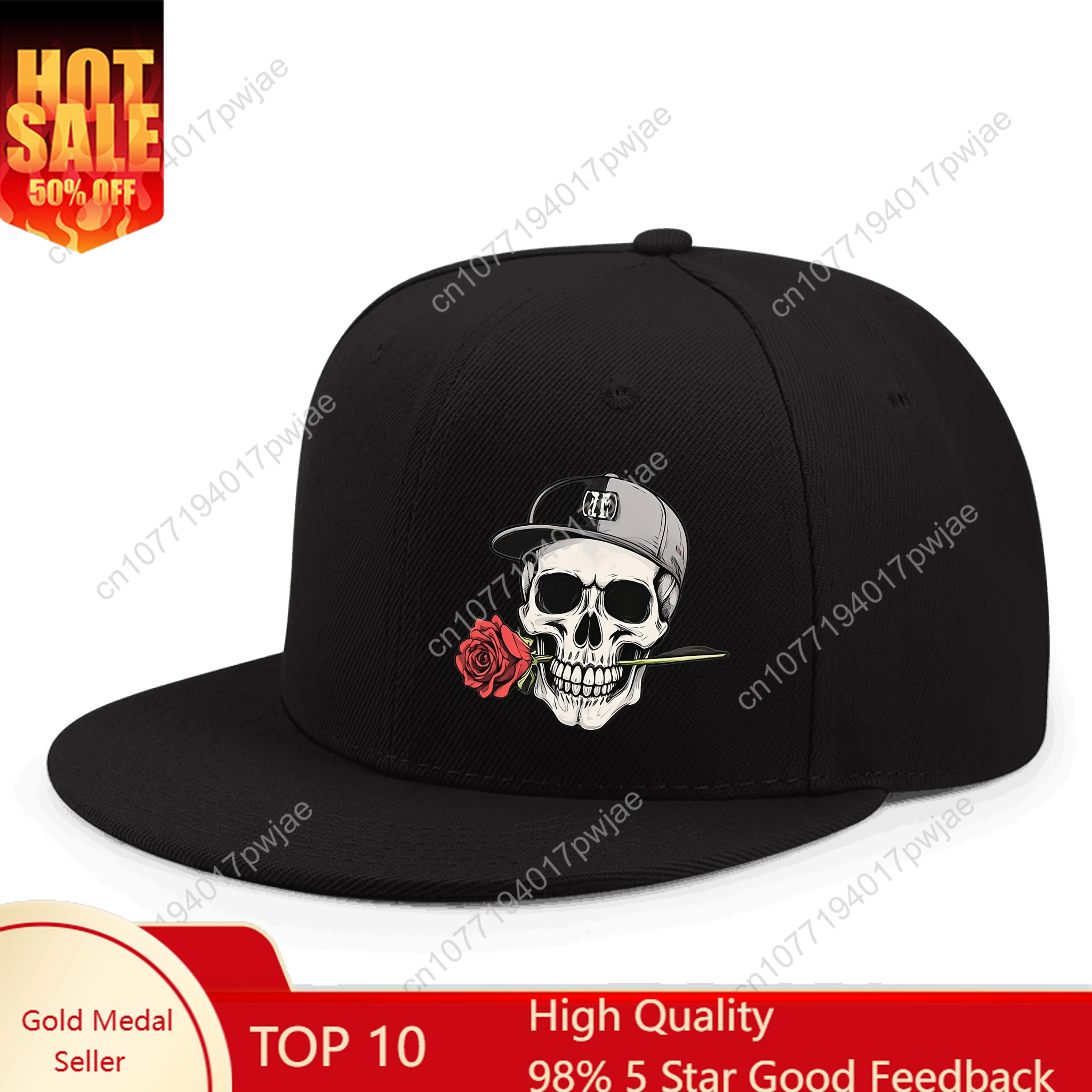 

Adjustable Hip Hop Baseball Cap with Skull and Rose Graphic, Vintage Style Flat Brim, Polyester, Machine Washable - Ideal for Ou