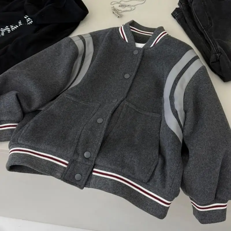 

2026 Boys Distressed Grey Baseball Jacket, Big Kids Vintage Washed Outerwear Cool Streetwear Top New Arrival
