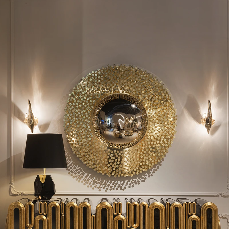 Wall mounted mirror luxury villa living room modern luxury brass decorative console entrance mirror