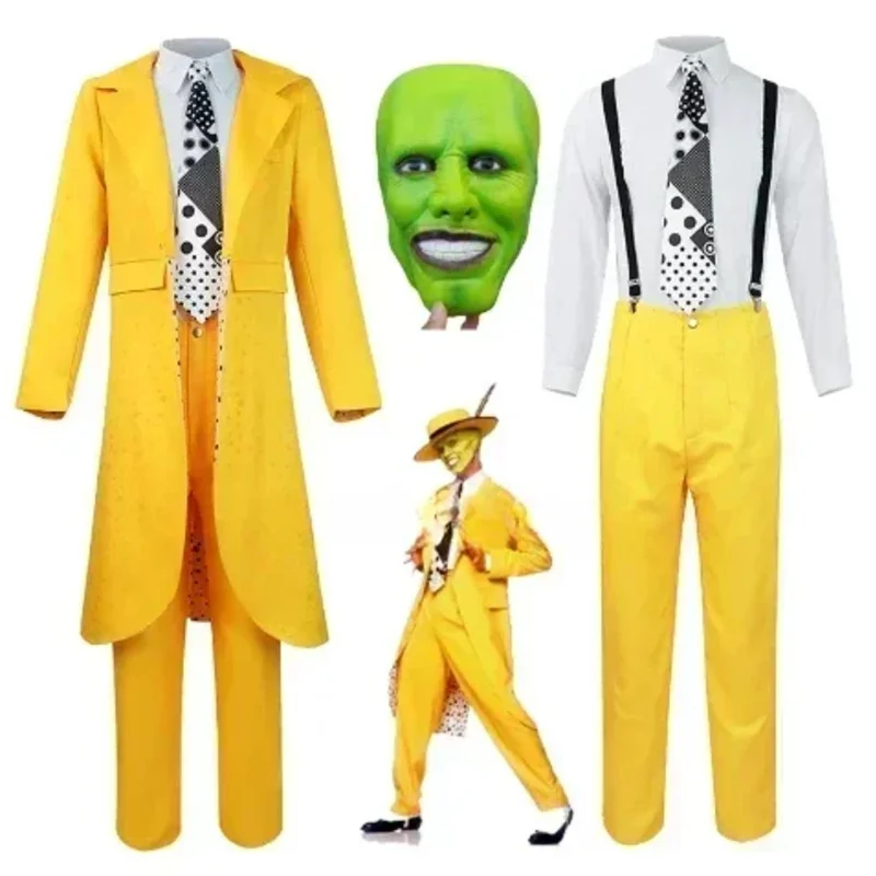ชุดคอสเพลย์ CyFilm the Mask จิมแคร์รี่ ชุดคอสเพลย์สีเหลือง ชุดยูนิฟอร์มคอสเพลย์ หมวกสีเขียว หน้ากาก อุปกรณ์เสริมสำหรับฮาโลวีน ชุดตัวตลก