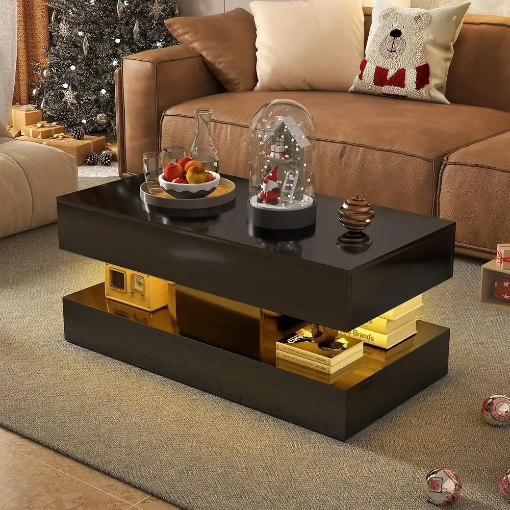 

High Gloss LED Coffee Table with Storage, 2-Tier Center Table, Open Display Shelf & Sliding Drawers, Suitable for Living Room, B