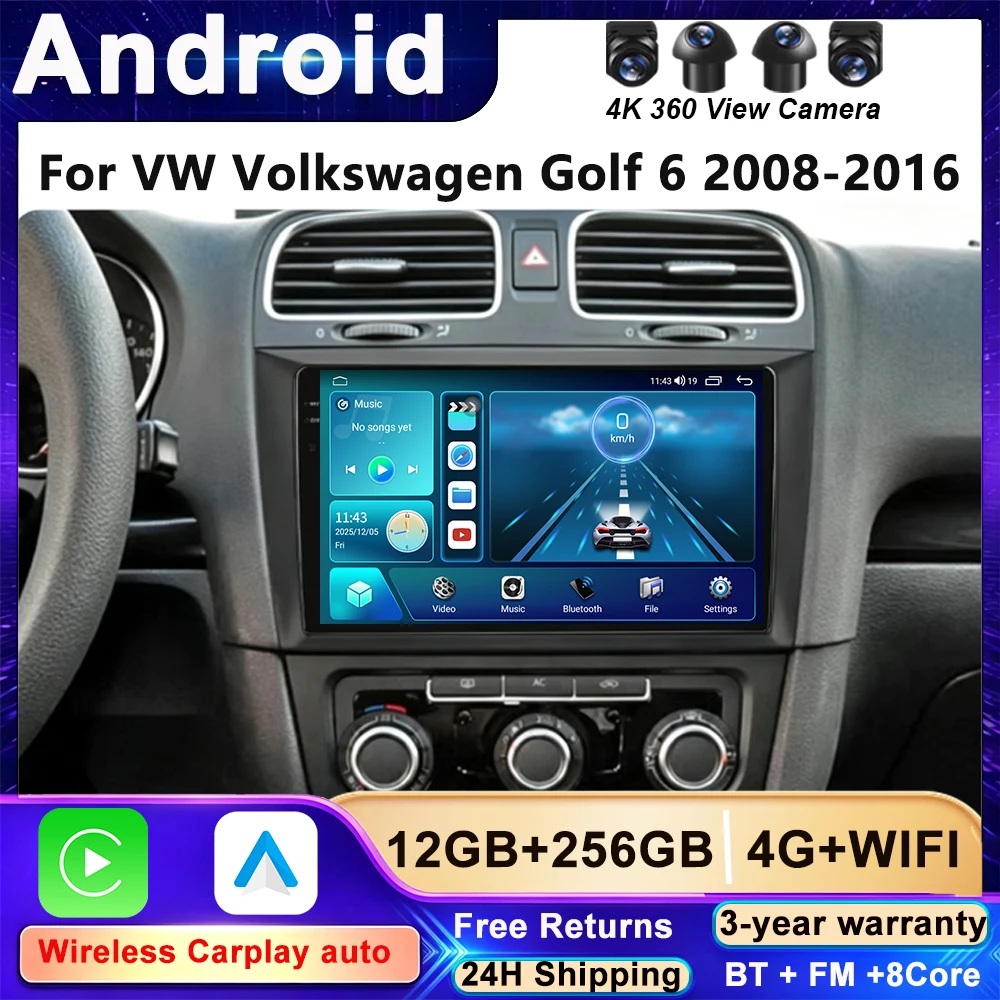 Android Auto Radio For VW Volkswagen Golf 6 2008-2016 4G Car Multimedia GPS 2din autoradio Junsun V1 AI Voice Wireless CarPlay