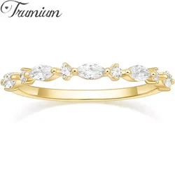 Trumium 14K Gold Plated Marquise Wedding Band for Women Stacking Ring Half Cubic Zirconia Eternity Engagement Ring Fine Jewelry