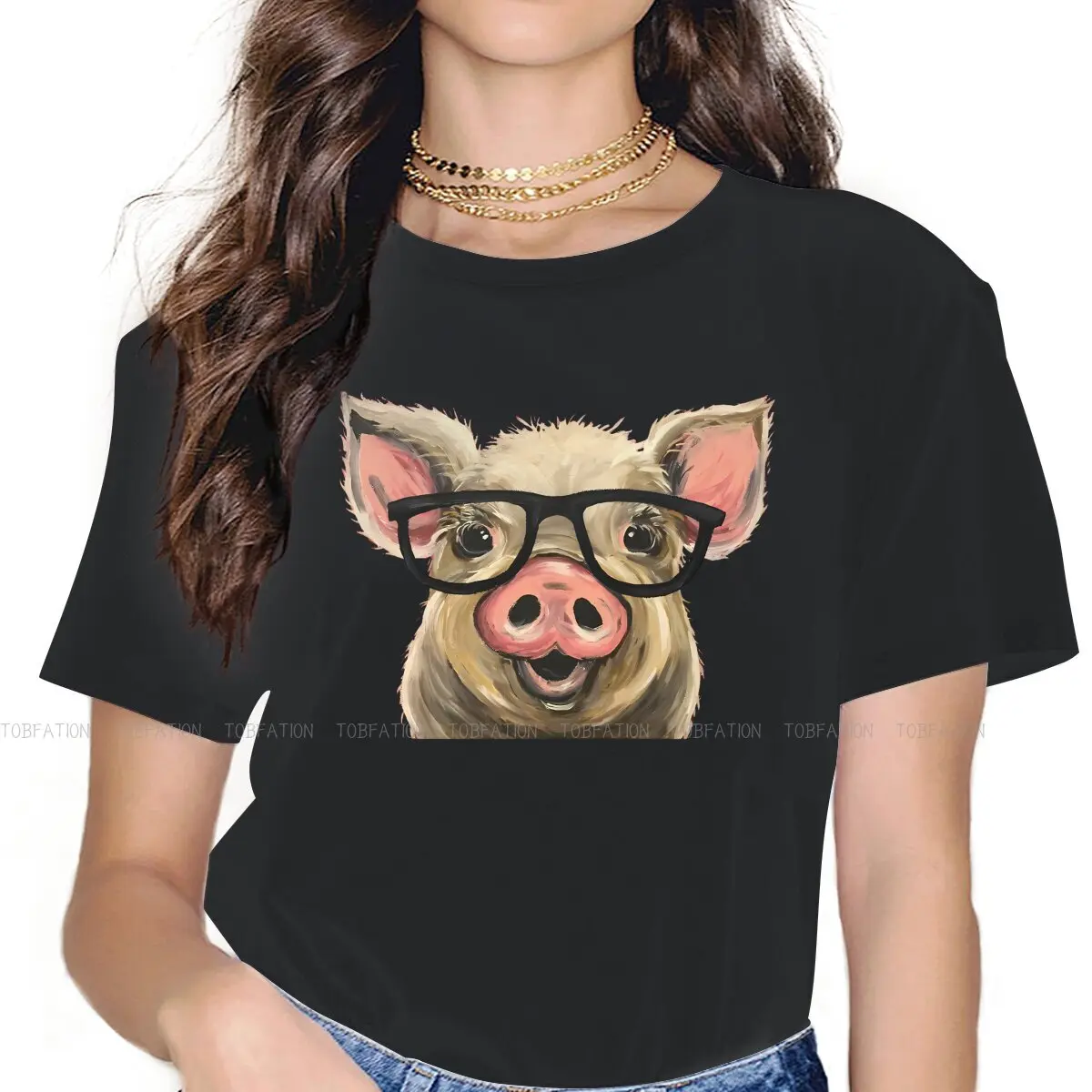 Pig Animal Crewneck TShirts With Glasses Distinctive Girl T Shirt Funny Tops