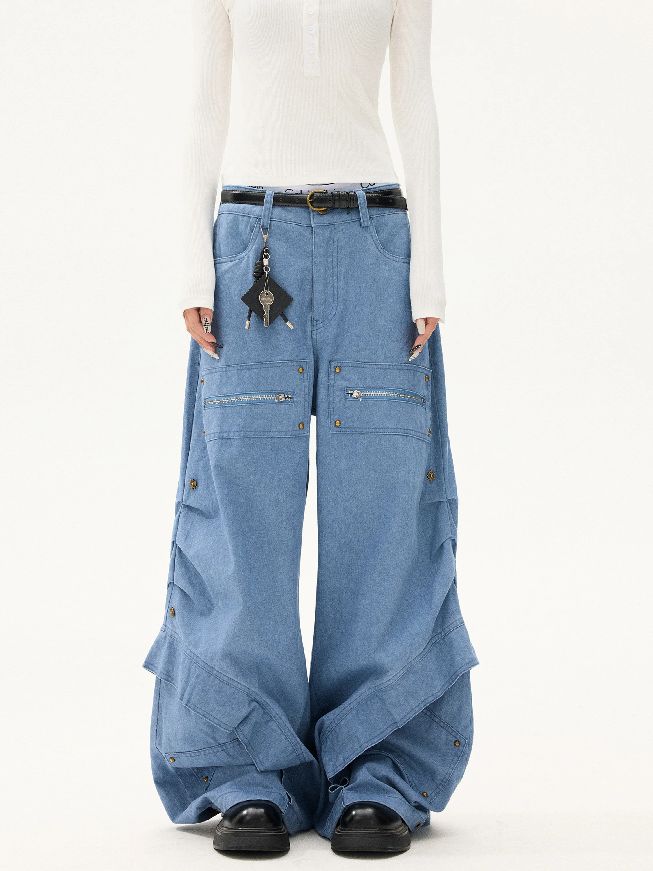 

Ретро-брюки унисекс в рабочем стиле с высокой талией, широкие джинсы с заклепками, повседневные брюки