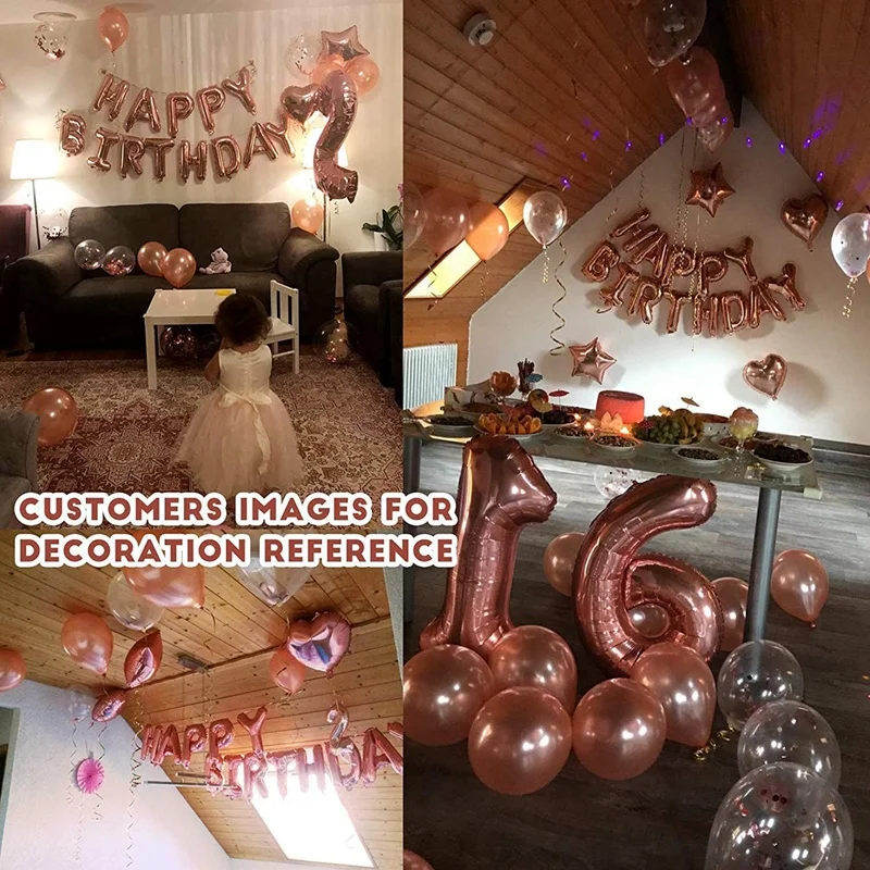 Rose Gold Birthday Party Decor With Happy Birthday Banner, Rose Gold Fringe Curtain Foil Tablecloth, Heart Star Confetti