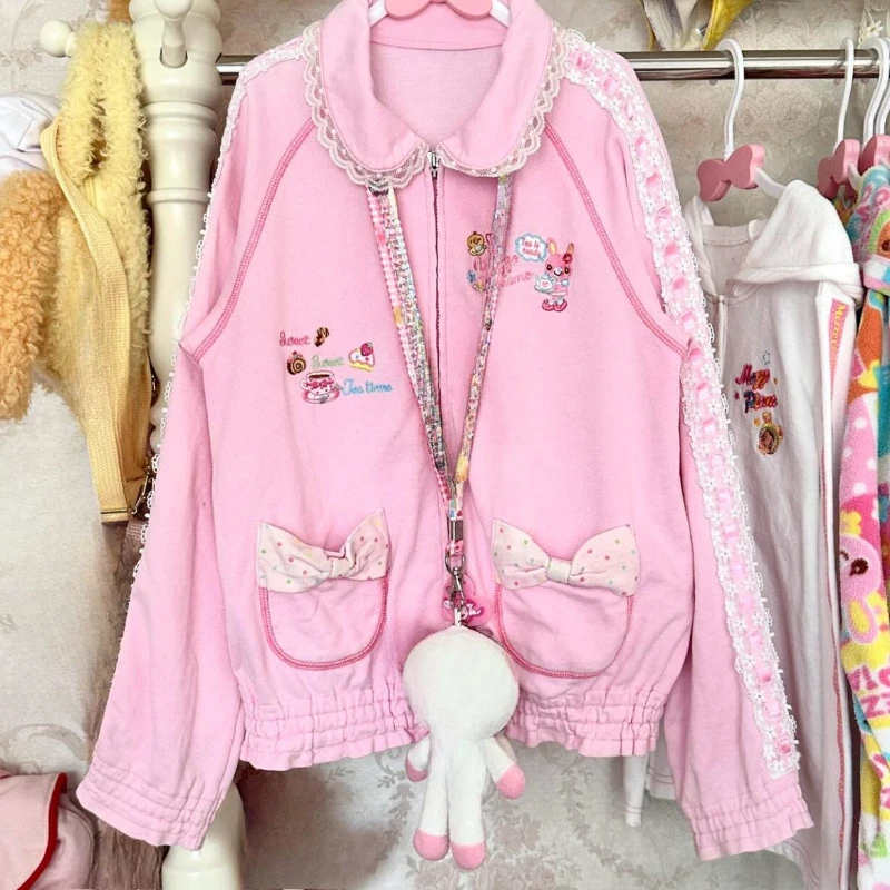Manteau brodé de dessin animé japonais Kawaii pour femmes, Y2K, esthétique pour filles, doux, ample, vêtements d'extérieur, dentelle, Patchwork, mignon, veste avec nœud de poche
