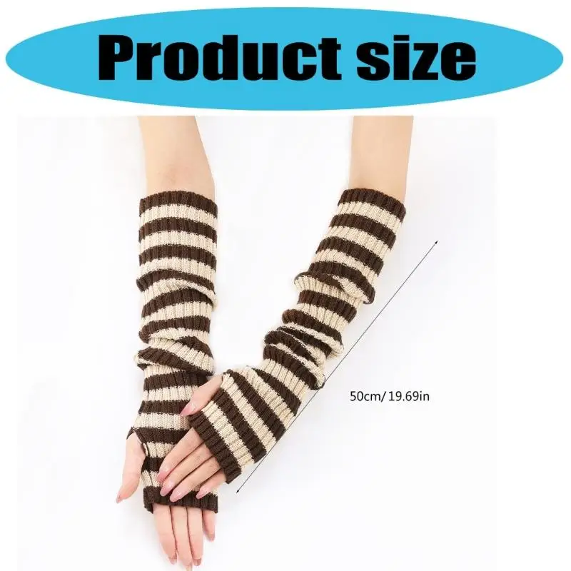 R1WE guanti a maglia a strisce Design a mezzo dito polsini lunghi per calore inverno autunnale
