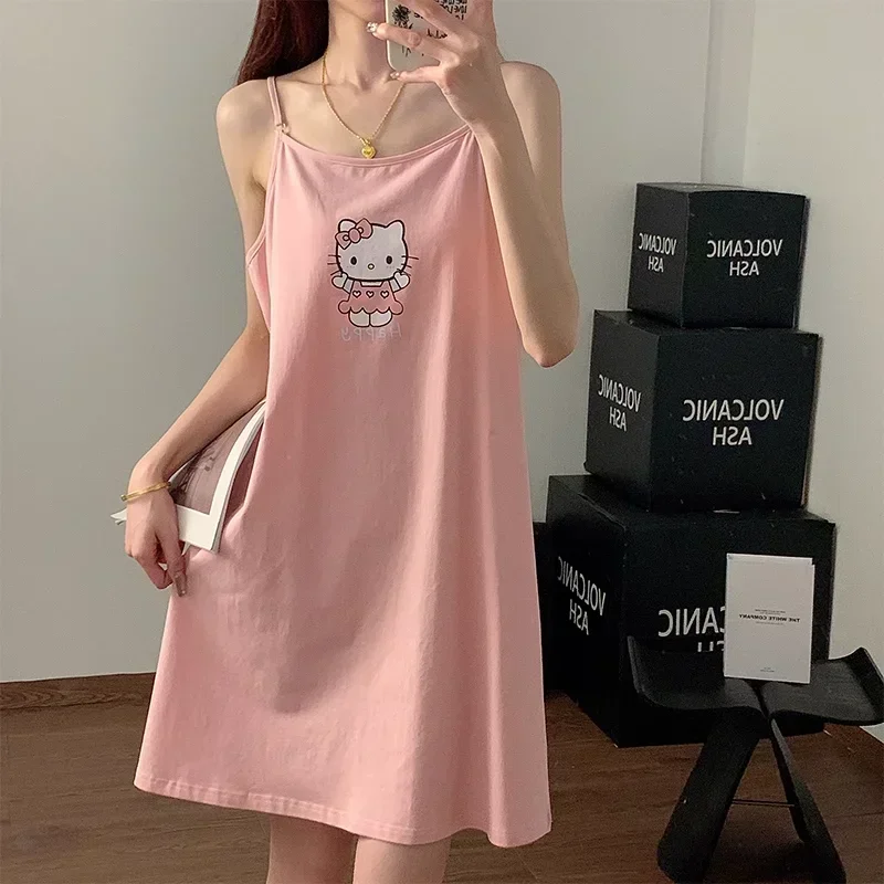 Sanrio Hello Kitty Summer Spaghetti Straps Sleeveless Long Dress Cool Women\'s Pajamas Silk Pajamas Female Home Wear Nightdress