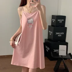 Sanrio Hello Kitty Summer Spaghetti Straps Sleeveless Long Dress Cool Women's Pajamas Silk Pajamas Female Home Wear Nightdress