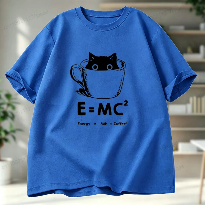 New Fashion T Shirt Cute Cat E=MC2 Milk Coffee Short-sleeve T-shirt Unisex Funny Science Cat Graphic Casual Tee for Women Men