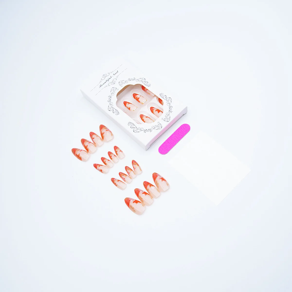 24개 그라데이션 메이플 브라운 리프 모양의 가짜 손톱, 골드 라인 라인스톤 아몬드 프레스온 네일, 우아한 가을 감성 매니큐어