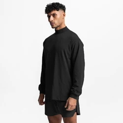 Autumn Cotton Dropped Shoulder Mock Neck T-shirt Men Oversized Long Sleeve T shirts Mens Loose Hip-Hop Sports Fitness Tee Shirt