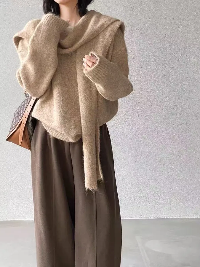 Miękki, przytulny sweter damski z dzianiny, luźny dekolt w serek, długi rękaw, jednolity kolor, modny, uniwersalny, jesienno-zimowy, narzutka na ramię.