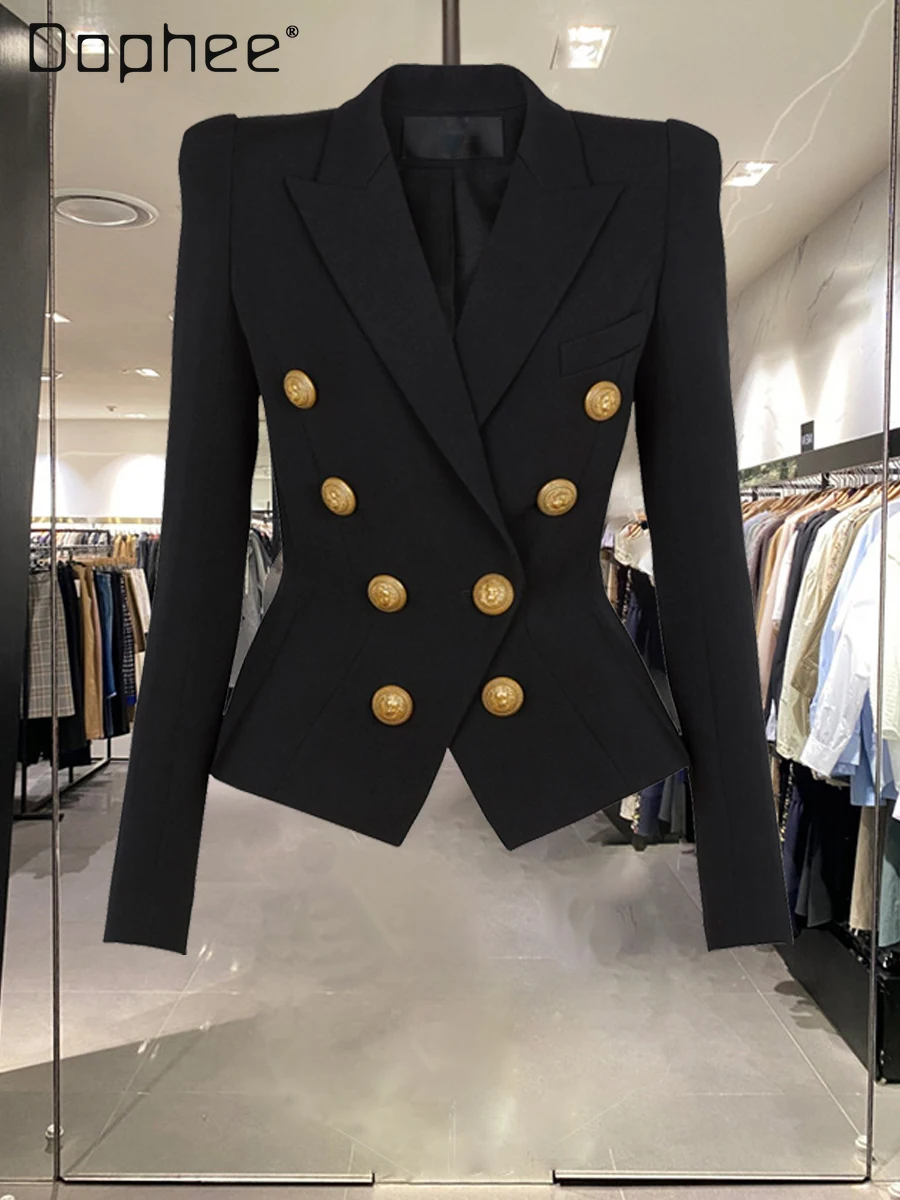 Commuter Style Fashion Slim Cross-neck Blazer Women 2025 Autumn New Temperament Double-breasted Versatile Classic Black Coats