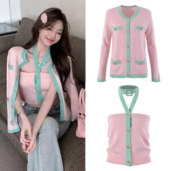 Luxury Designer Clothing Women 2024 Elegant Patchwork Knitted Sweater Mujer Korean Fashion Pink Knitted Cardigan Feminino