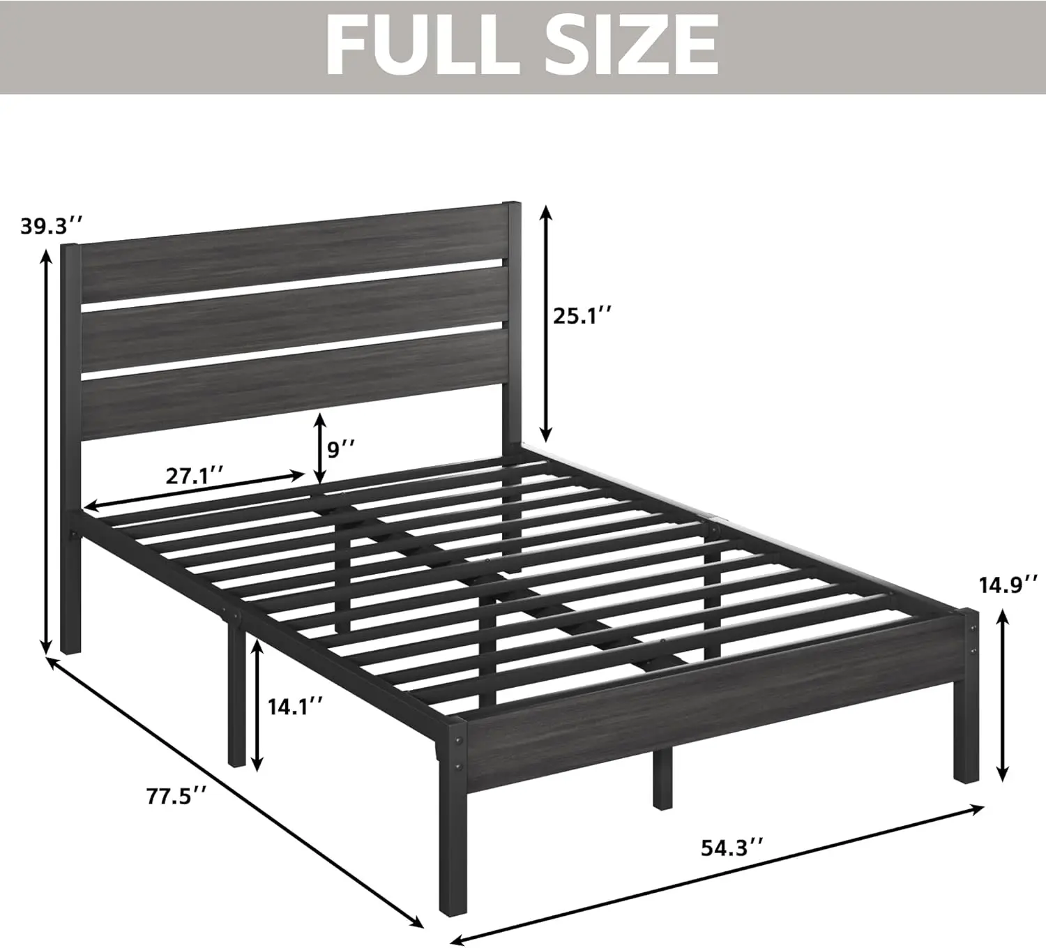 Cadre de lit complet avec planche de sauna, plate-forme en métal, rangement sous le lit, système de support entièrement en métal, sans boîte S