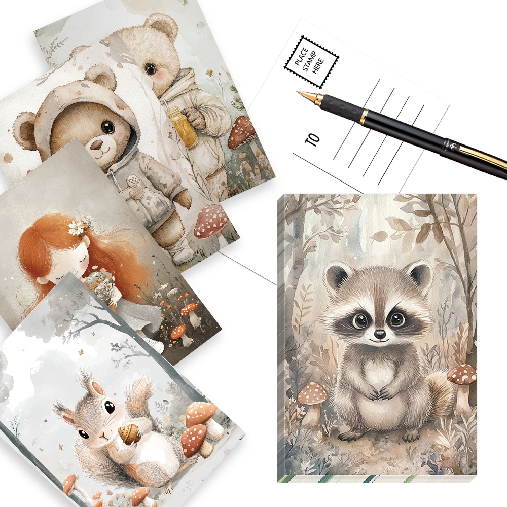 32 Stück Waldmärchen-Illustrations-Postkarten, niedliche Heiltiere und Mädchen, Schlafzimmerdekoration für den Innenbereich, Wandaufkleber, Grußkarten