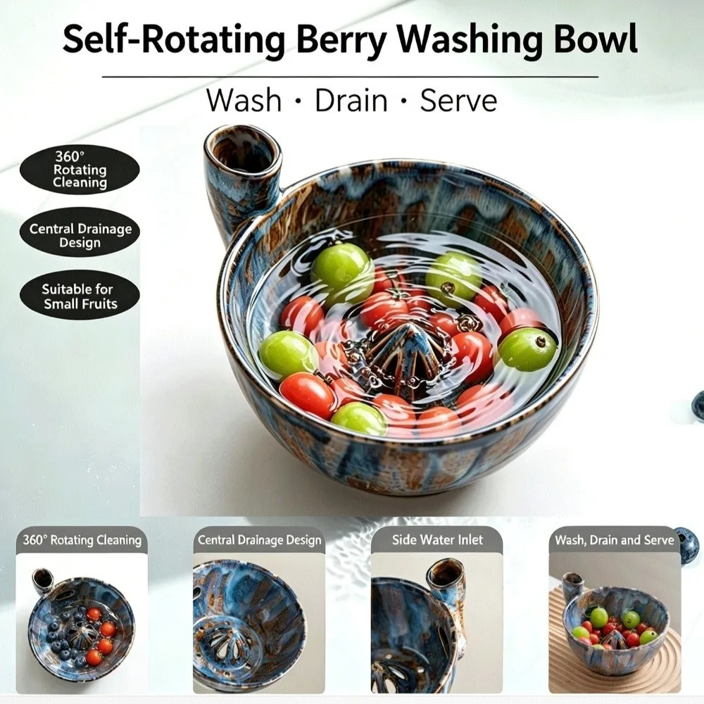 Ceramic Automatic Fruit Washer Bowl Vortex-Style Self-Spinning Fruit Cleaning Bowl Large Capacity Quick Drain Vegetable Colander