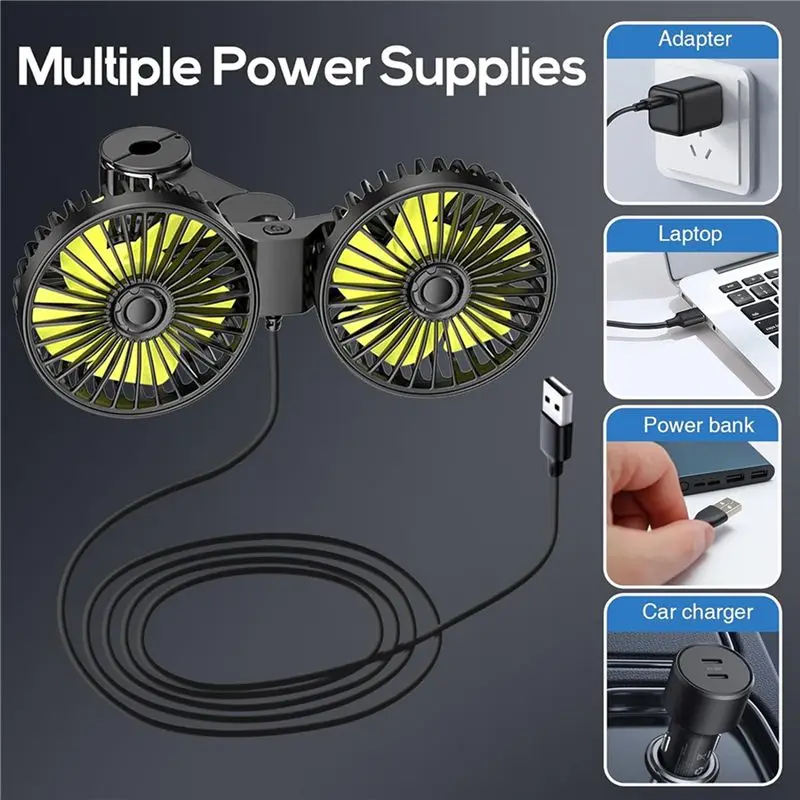 Strange 2X USB Car Cooling Fans For Backseat, Dual Head Car Fan For Kids 3 Speeds 360° Rotatable Vehicle Rear Headrest Fans