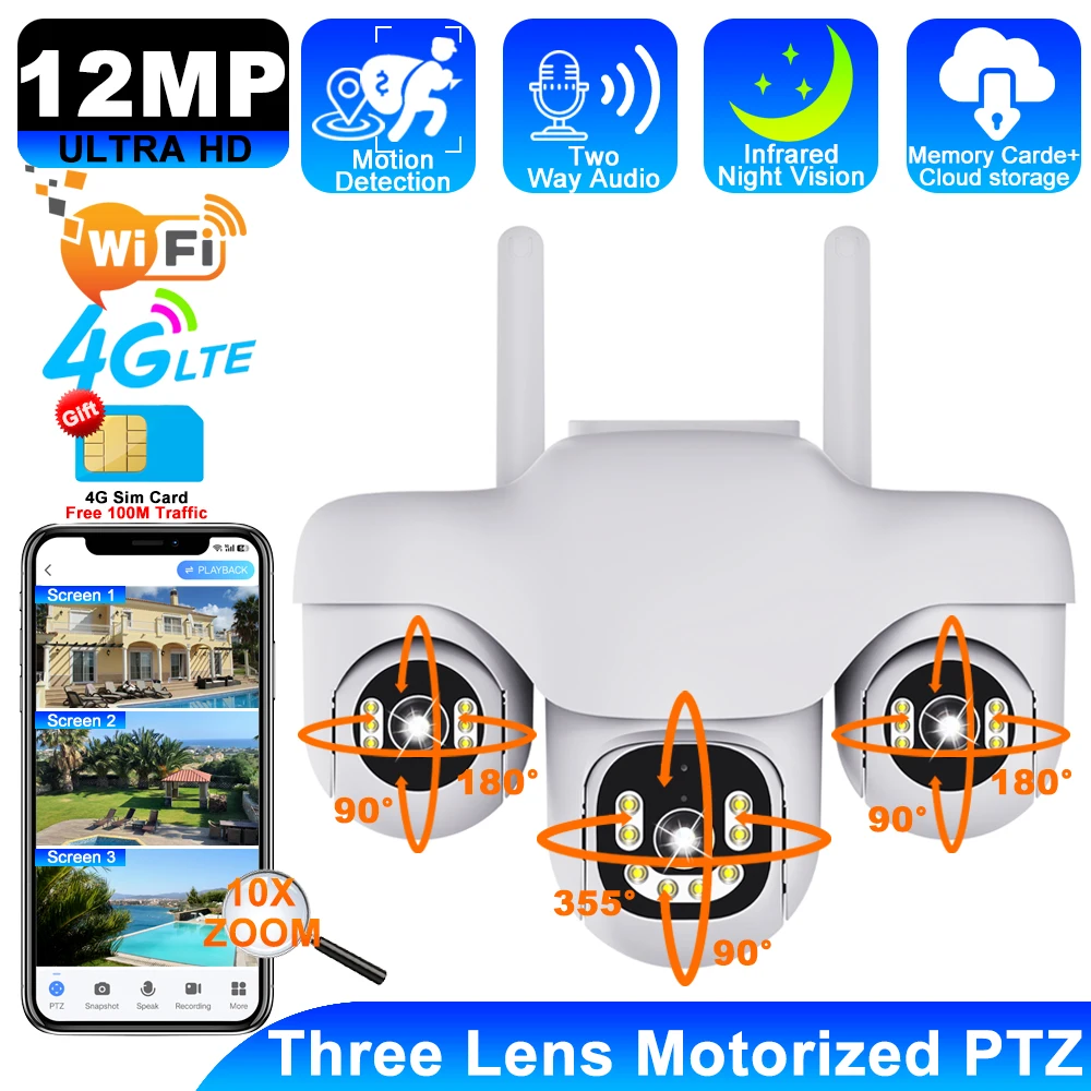 

12MP HD Three Screens 4G IP Camera Wireless Outdoor WiFi Three Lens 10X Zoom PTZ Human Auto Tracking Night Vision Security CCTV