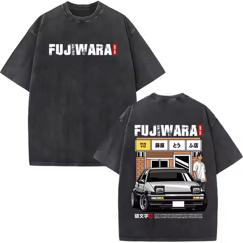 Washed Vintage Short Sleeve T-shirt Anime Initial D Drift AE86 Racing Car T Shirt Takumi Fujiwara R34 Skyline GTR JDM T-shirts