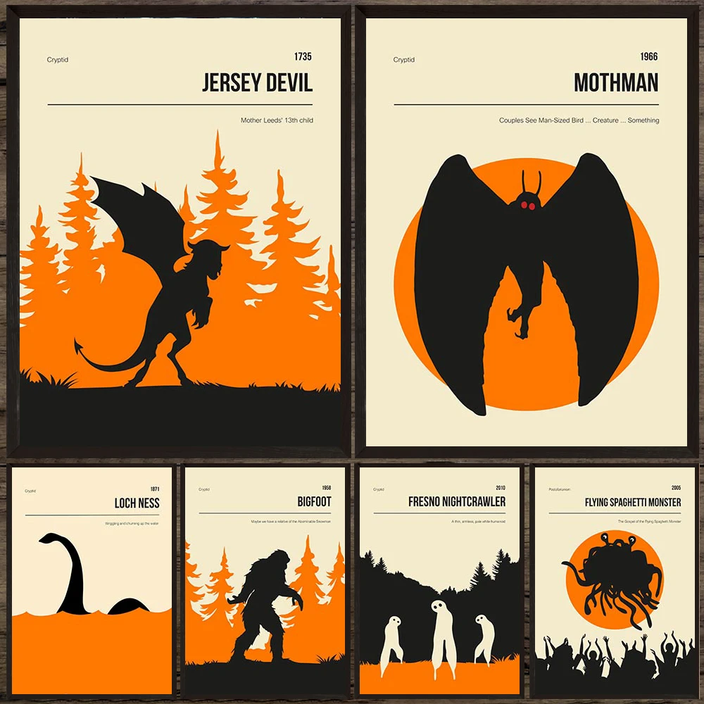 Póster de Arte Mural Vintage de Criptídeos, Pintura en Lienzo de Monstruos Misteriosos: Mothman, Jersey Devil, Kraken, Chupacabra, Decoración para el Hogar
