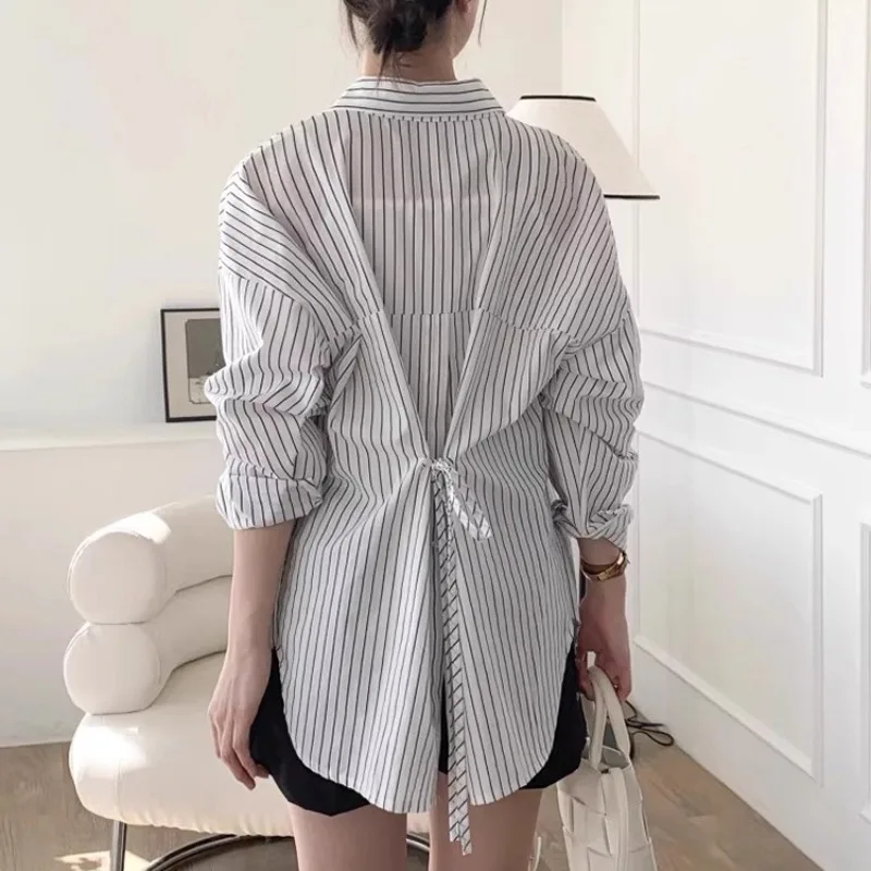 Polo Collar Split Lace-up Loose Long-sleeved Shirt Women 2025 Autumn New High Street Single-breasted Striped Casual Tops