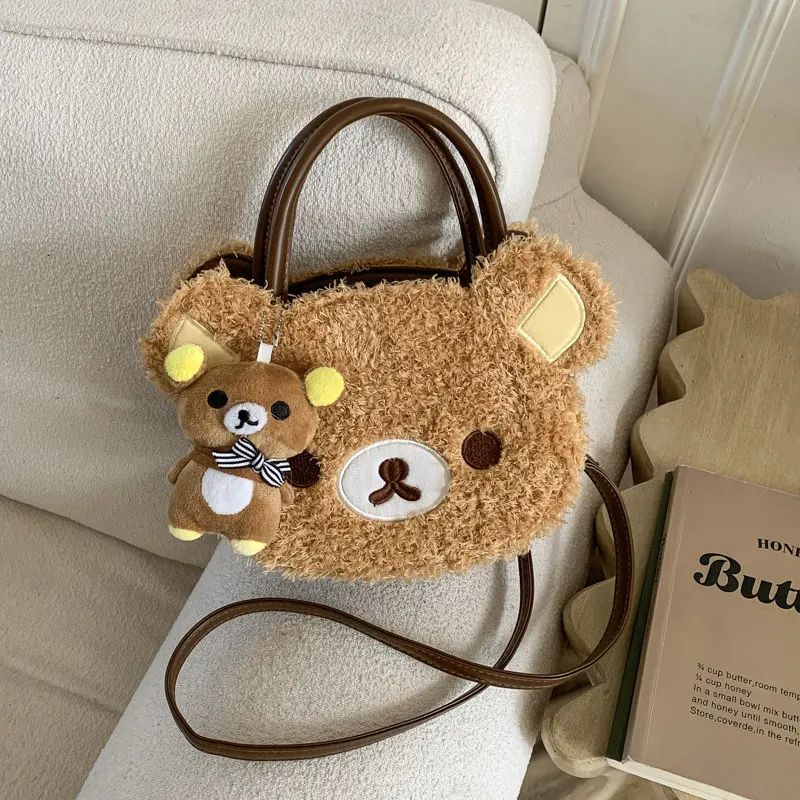 Bolsa Transversal de Pelúcia Kawaii Rilakkuma com Alça Superior Feminina, Novo Estilo 2025, Bolsa Quadrada Pequena Versátil Bordada com Pingente de Urso