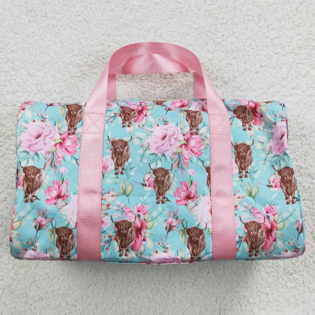 Pink Flower Highland Cattle Blue Spring Print Gym handbag BA0084