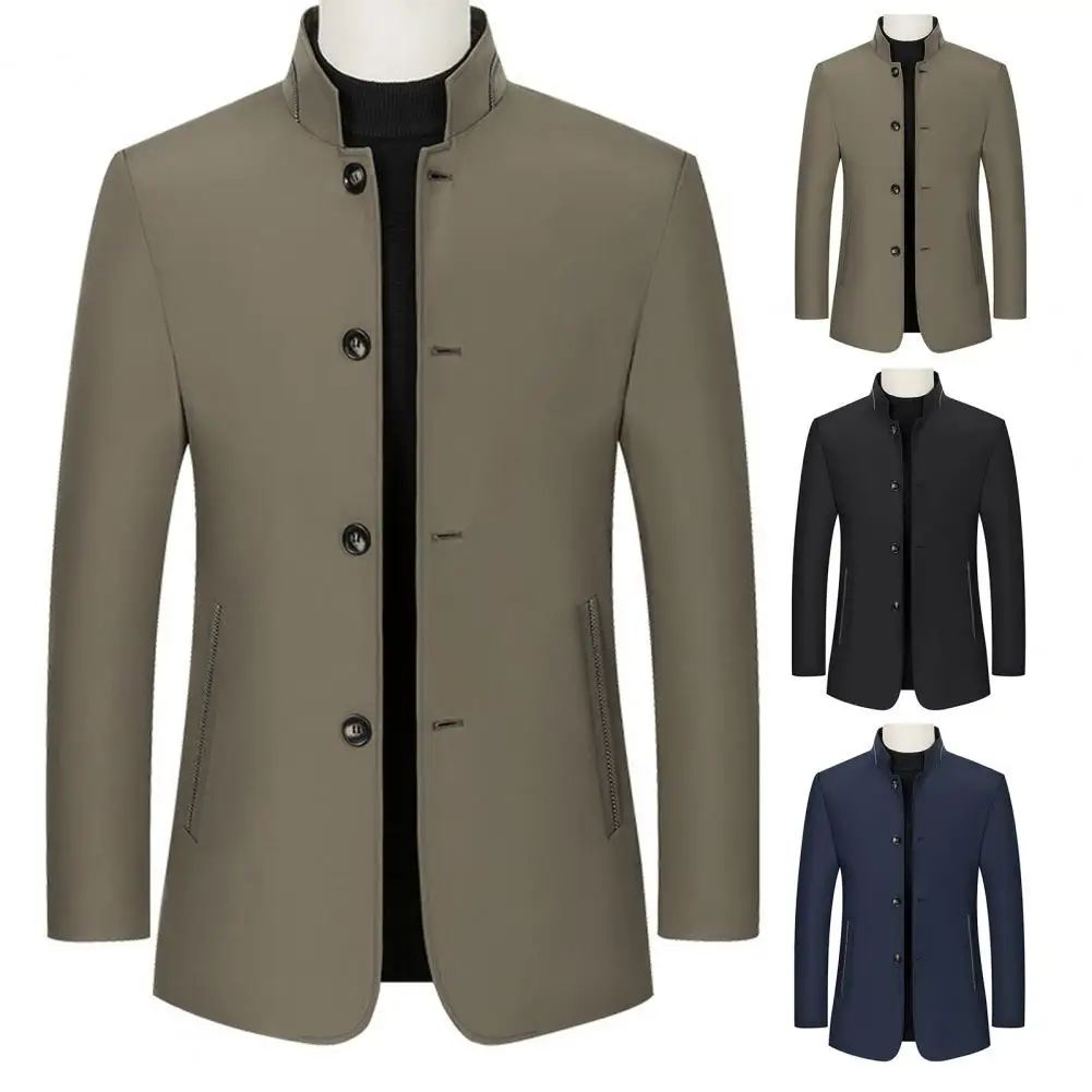 Stand-up Collar Men Jacket Stylish Men's Stand Collar Baseball Jacket with Pockets Long Sleeve Single Breasted Business for Men