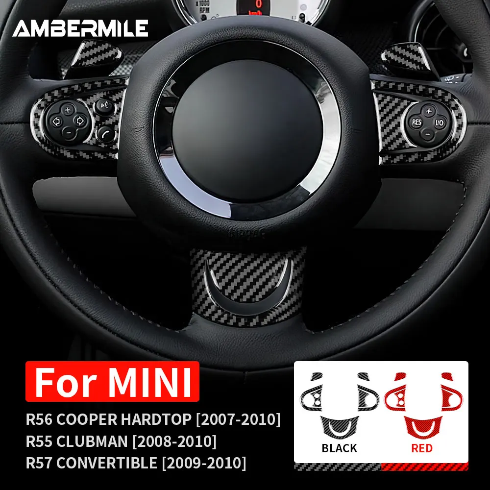 

AMBERMILE Carbon Fiber for Mini Cooper Hardtop R56 Clubman R55 R57 Accessories Interior Car Steering Wheel Button Cover Sticker