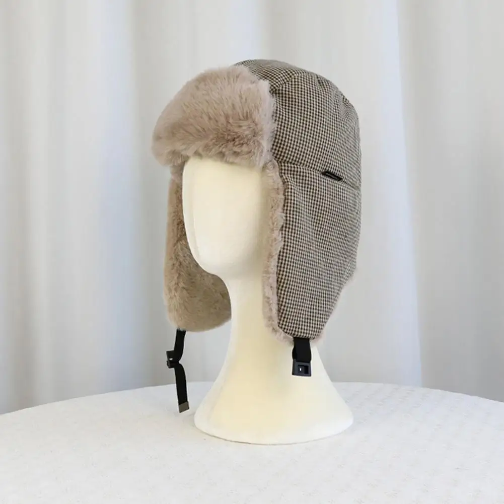 Comfortable Fabric Hat Plaid Lei Feng Hat with Velvet Lining Buckle Closure Ear Protection Cap Windproof Weather Outdoor