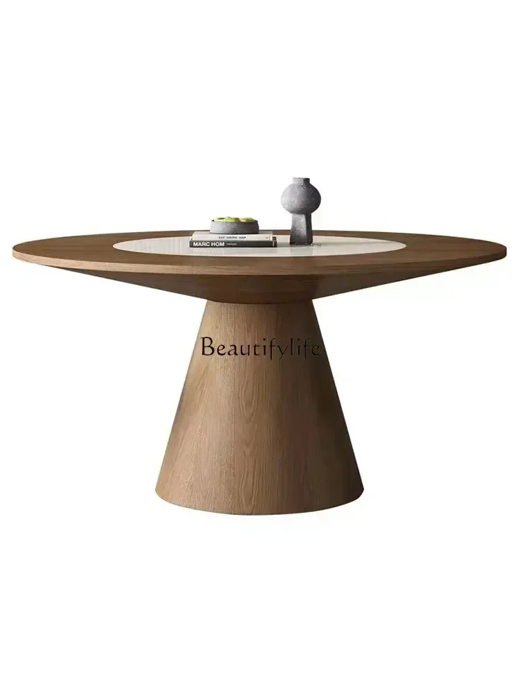 

Modern Minimalist Italian Large round Table Minimalist Solid Wood with Embedded Stone Plate Turntable Dining Table