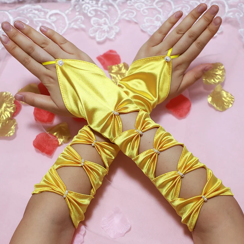 Guantes elásticos de gasa con cuentas para mujer, manopla de satén amarillo a prueba de rayos UV para fiesta, boda, novia, diseño Formal, Verano