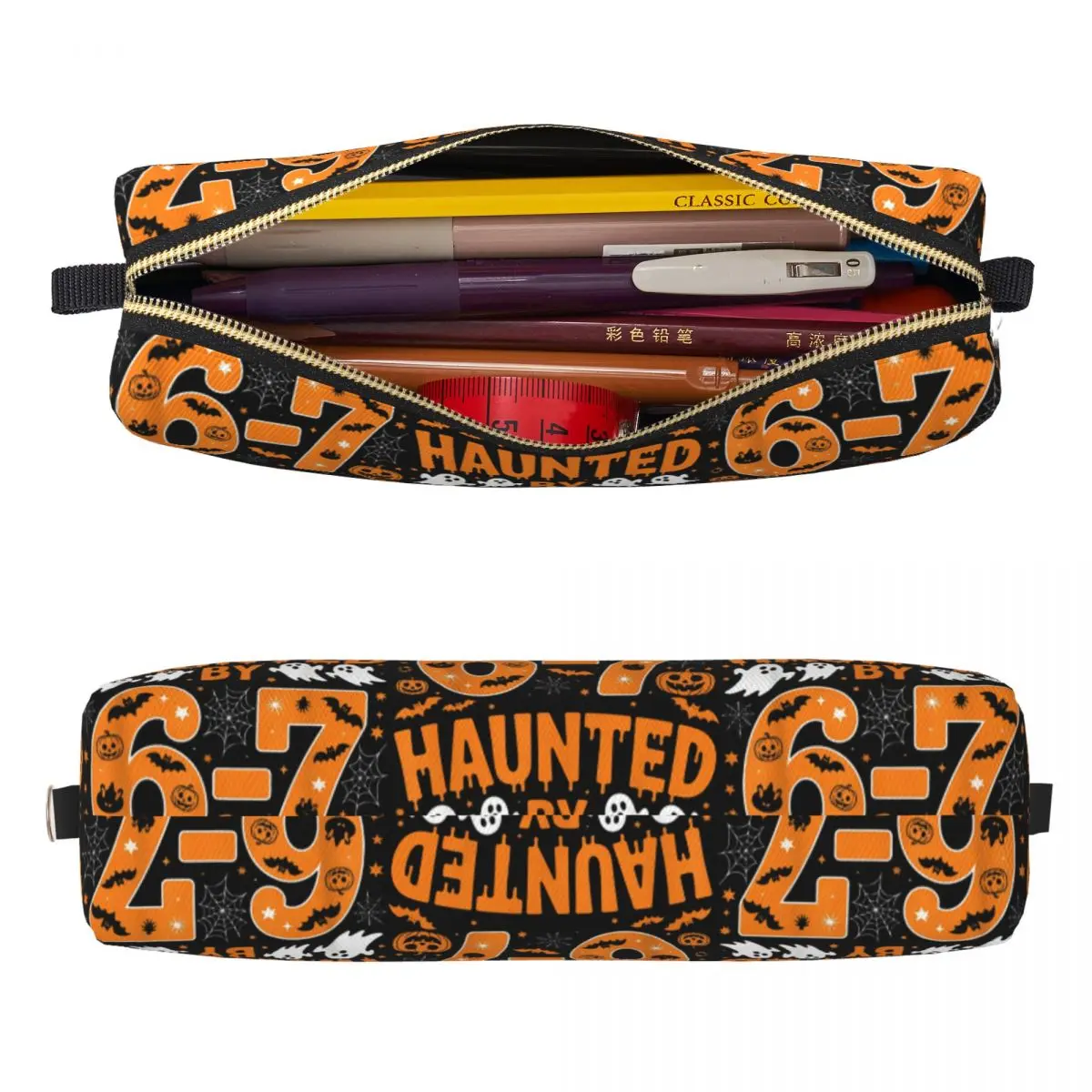 Haunted By 67 - Funny Halloween 6 7 Six Seven Meme Pencil Cases Pen Holder Bag for Student Students School Cosmetic Pencil Pouch