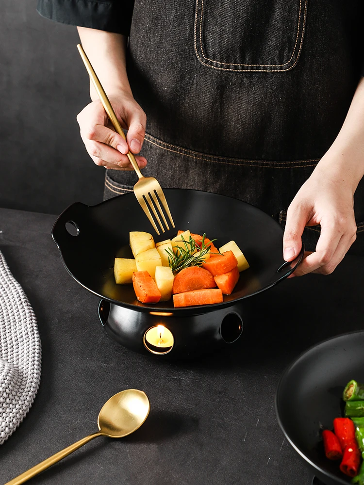 Black stove tableware, ceramic double ear vegetable plate, household round soup plate, candle heating and insulation furnace