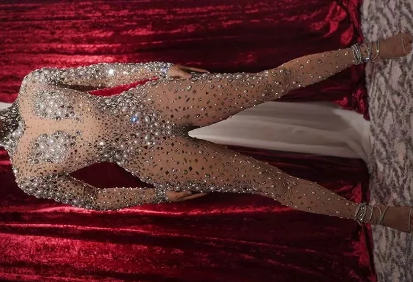 Sexy dançarino grandes pérolas strass estiramento transparente pérola macacão noite celebrar roupa