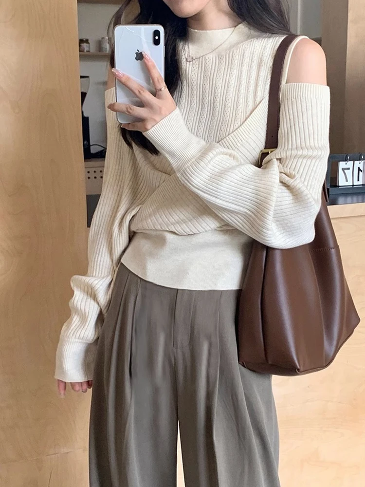 Mori Girl Fashion Spliced Knitted Sweater Off Shoulder Simple O-Neck Long Sleeve Female Pullovers Chic Streetwear Preppy Style