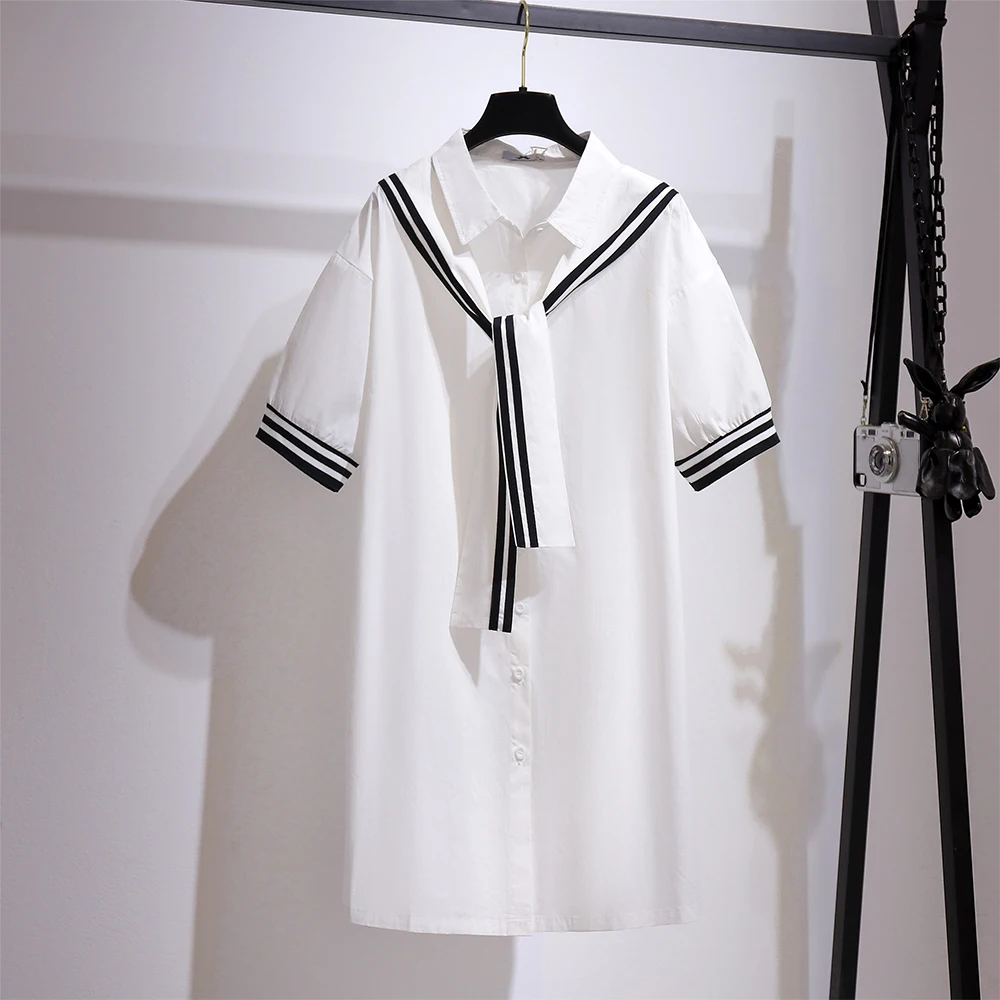 Summer new clothing plus-size women's casual loose shirt dress polo collar single-breasted short-sleeved mid-length dress large