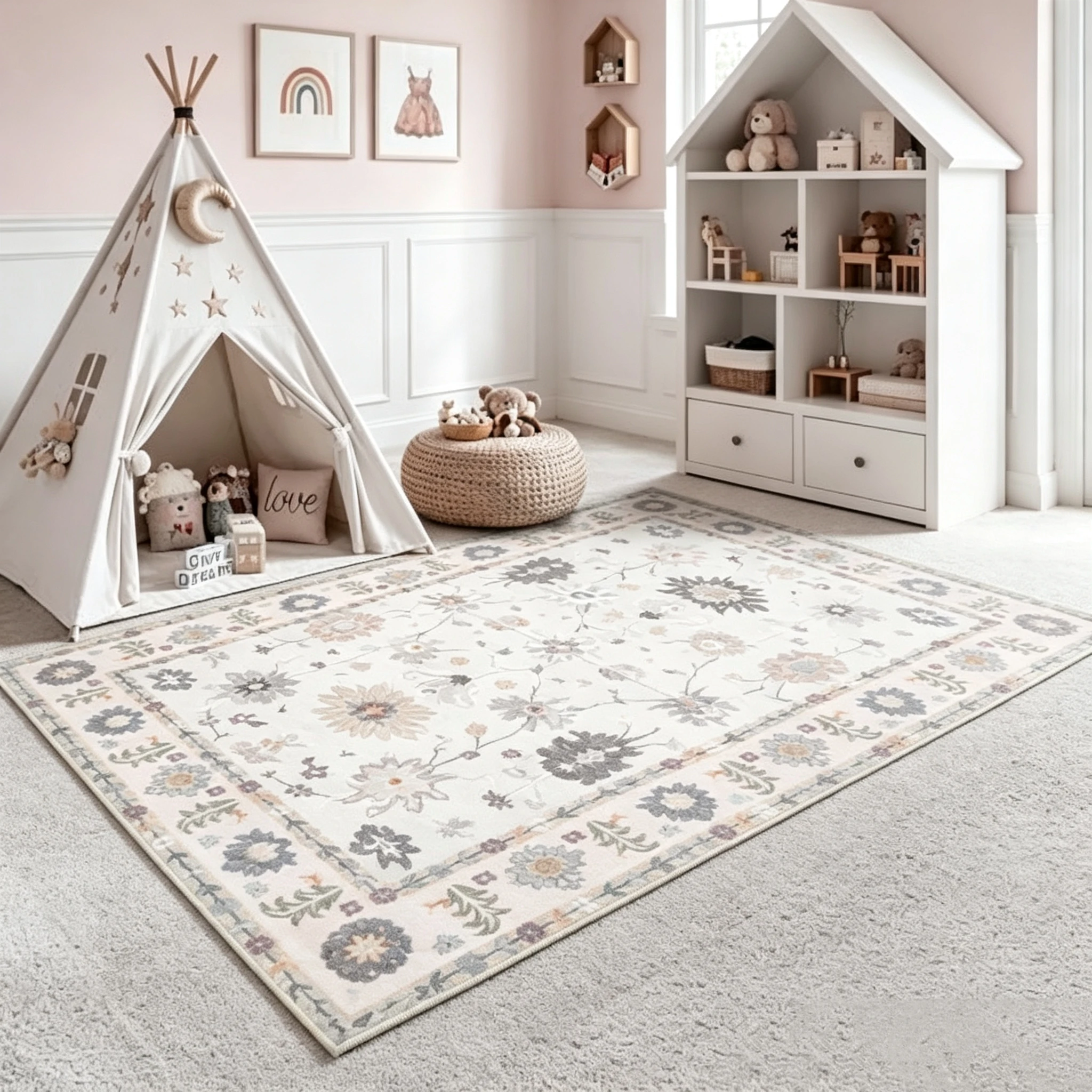 Vintage Green Blue Floral Area Rug Boho Botanical Print Soft Floor Carpet for Living Room Bedroom Indoor Home Decor Rug