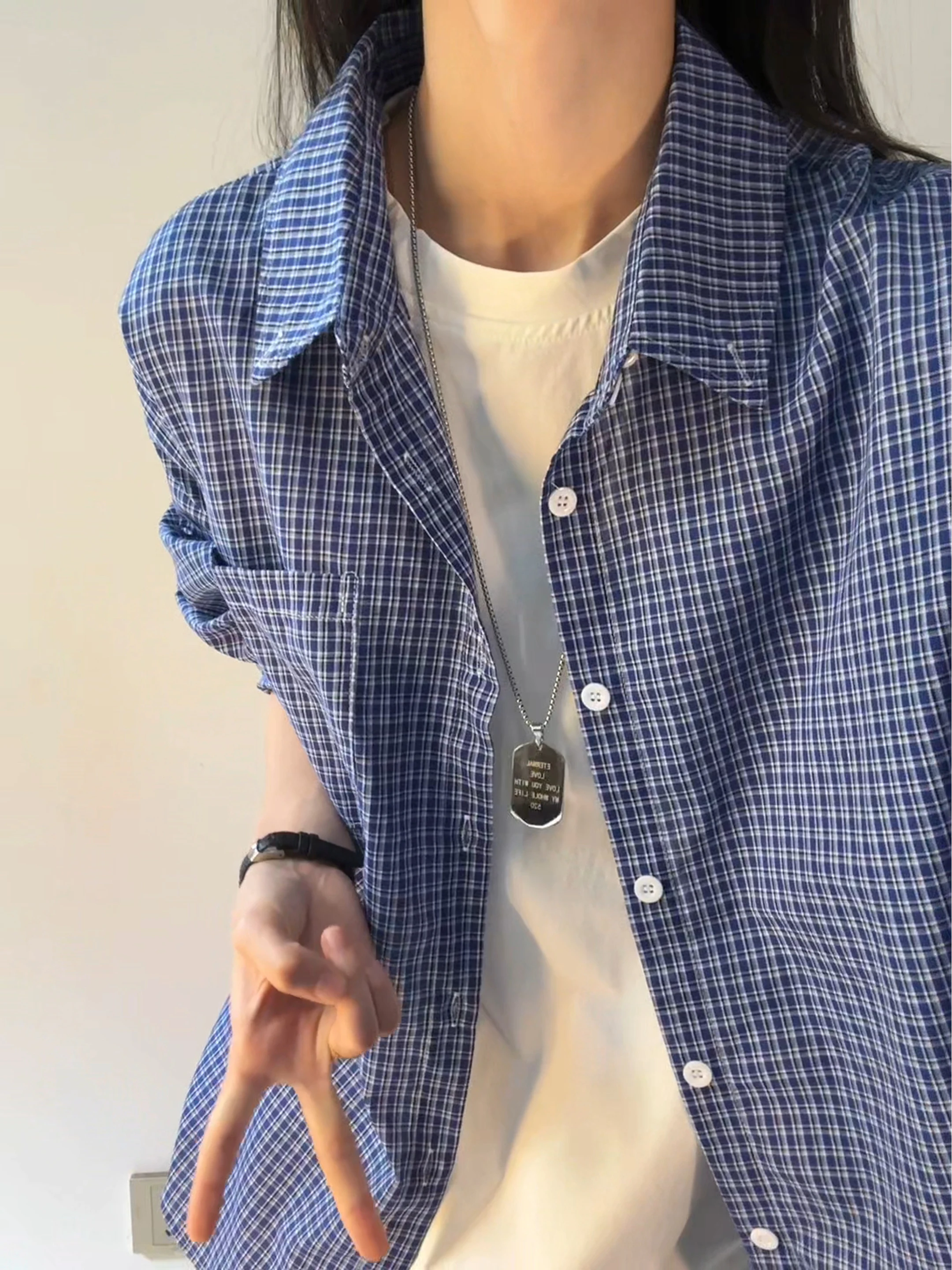 

Cleanfit Blue Plaid Long Sve irt Men's Autumn Neutral Sle Outerwear Cardigan Couple's Jaet Loose Fit Youth Trend