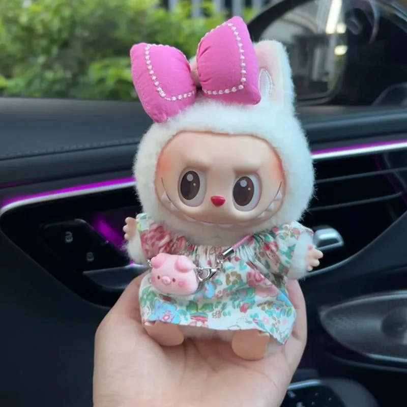 

Clothes For Labubu Cute Floral Dress Pink Bow Pig Charm Set For 15cm/17cm Labubu 1st/2nd/3rd Gen