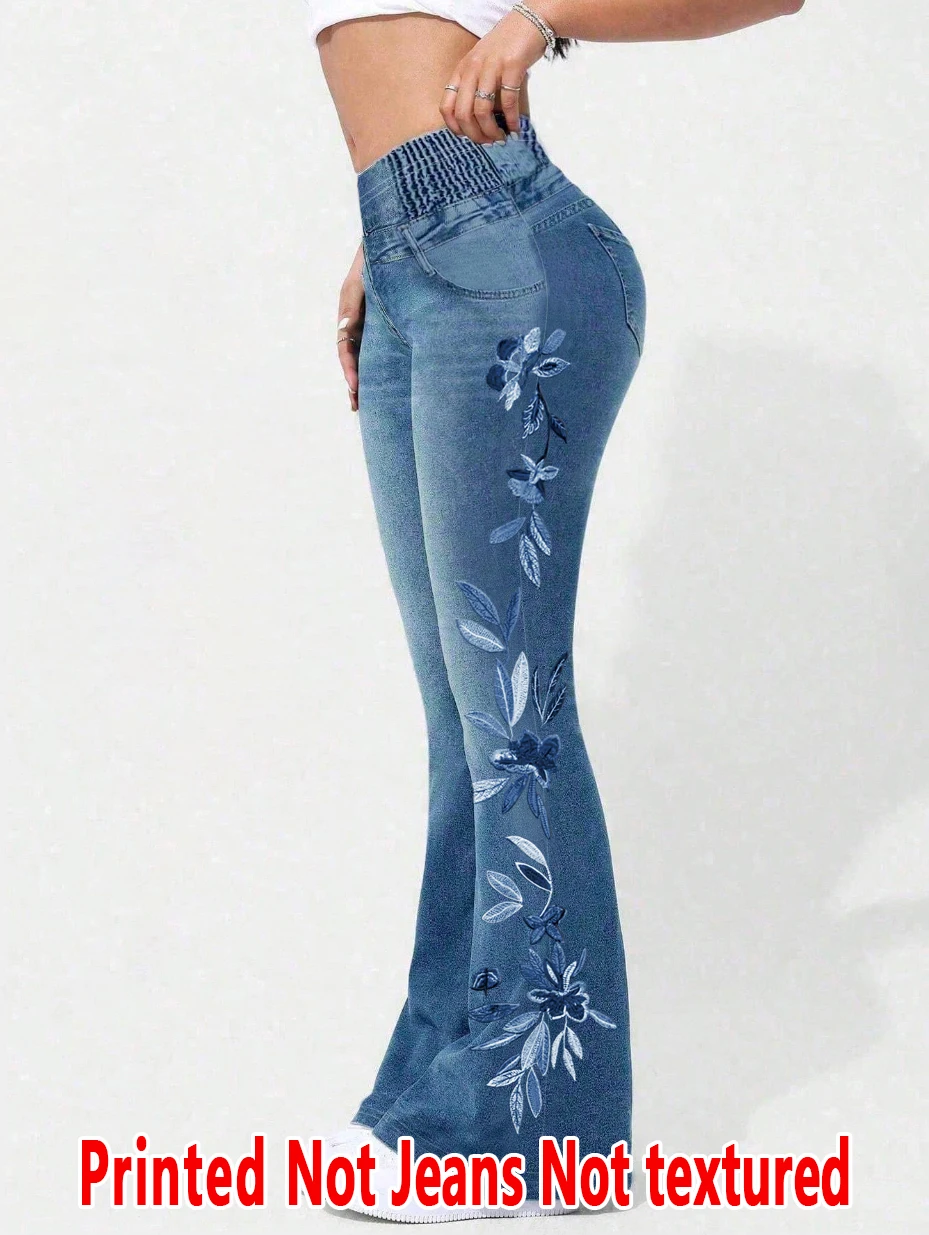1270  Ladies' Non-Suede 2D Printed Embroidery Effect Bell Bottoms - Non-Leather Fabric Long Pants for All Seasons