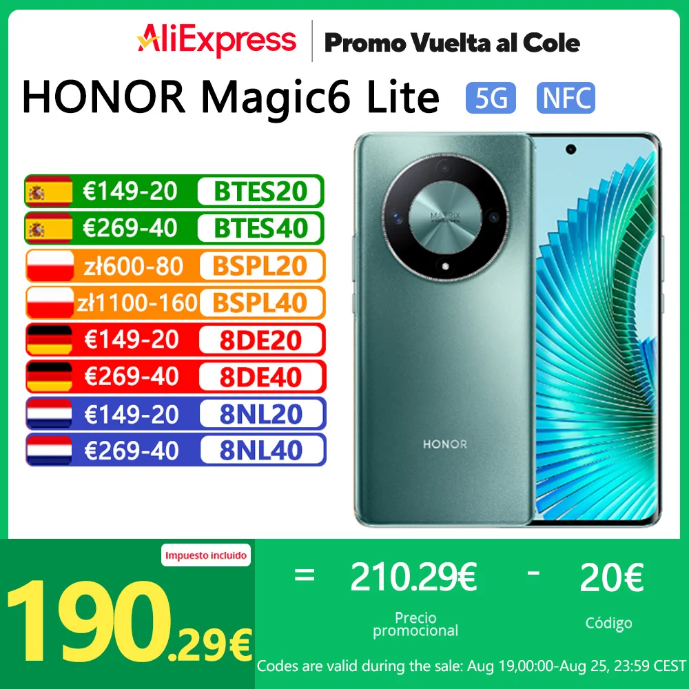 HONOR Magic6 Lite 5G，NFC，Qualcomm Snapdragon 6 Gen 1,Cámara principal de 108 MP,Carga de 35 W，120HZ,Certificado SGS de 5 estrellas,Versión global