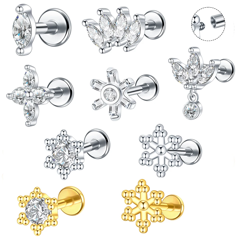 1Pc Stainless Steel Flower Zircon Cartilage Stud Women's Earrings Piercing Ear Lobe Tragus Helix Lip Ring Stud