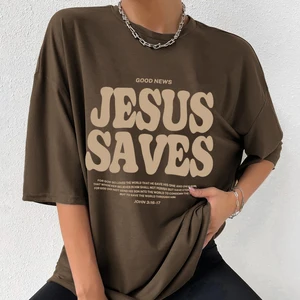 Camiseta solta de algodão para mulheres, boa notícia Jesus salva para Deus, vestuário de Jesus, camiseta cristã, top estético moderno e casual 6 principais vendas camiseta feminina jesus cristo - №4