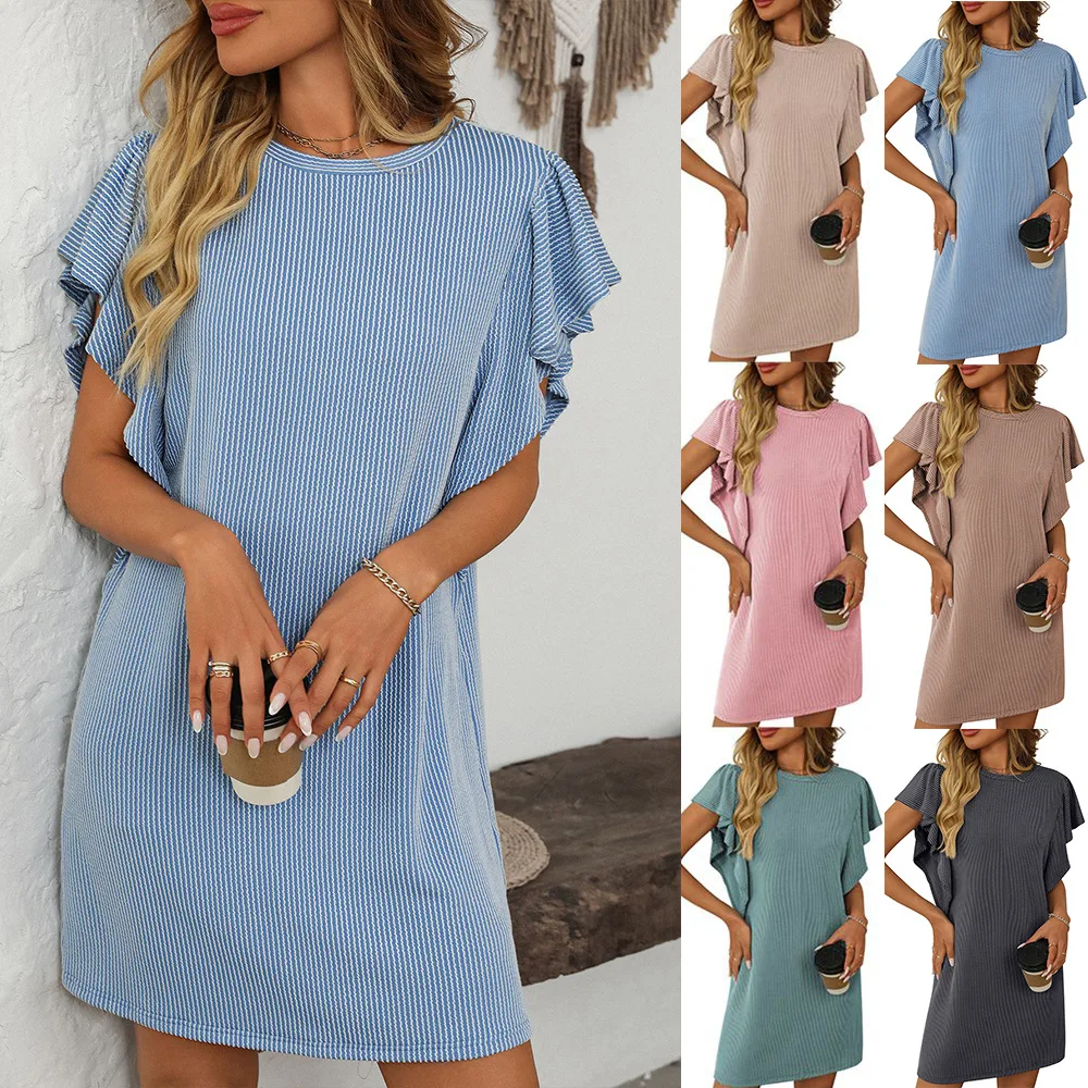 Women's Color Contrast Twist Strip Short Dress Butterfly Sleeve Skirts Lady Casual Beach Twist Stripes Mini Dresses for Vacation